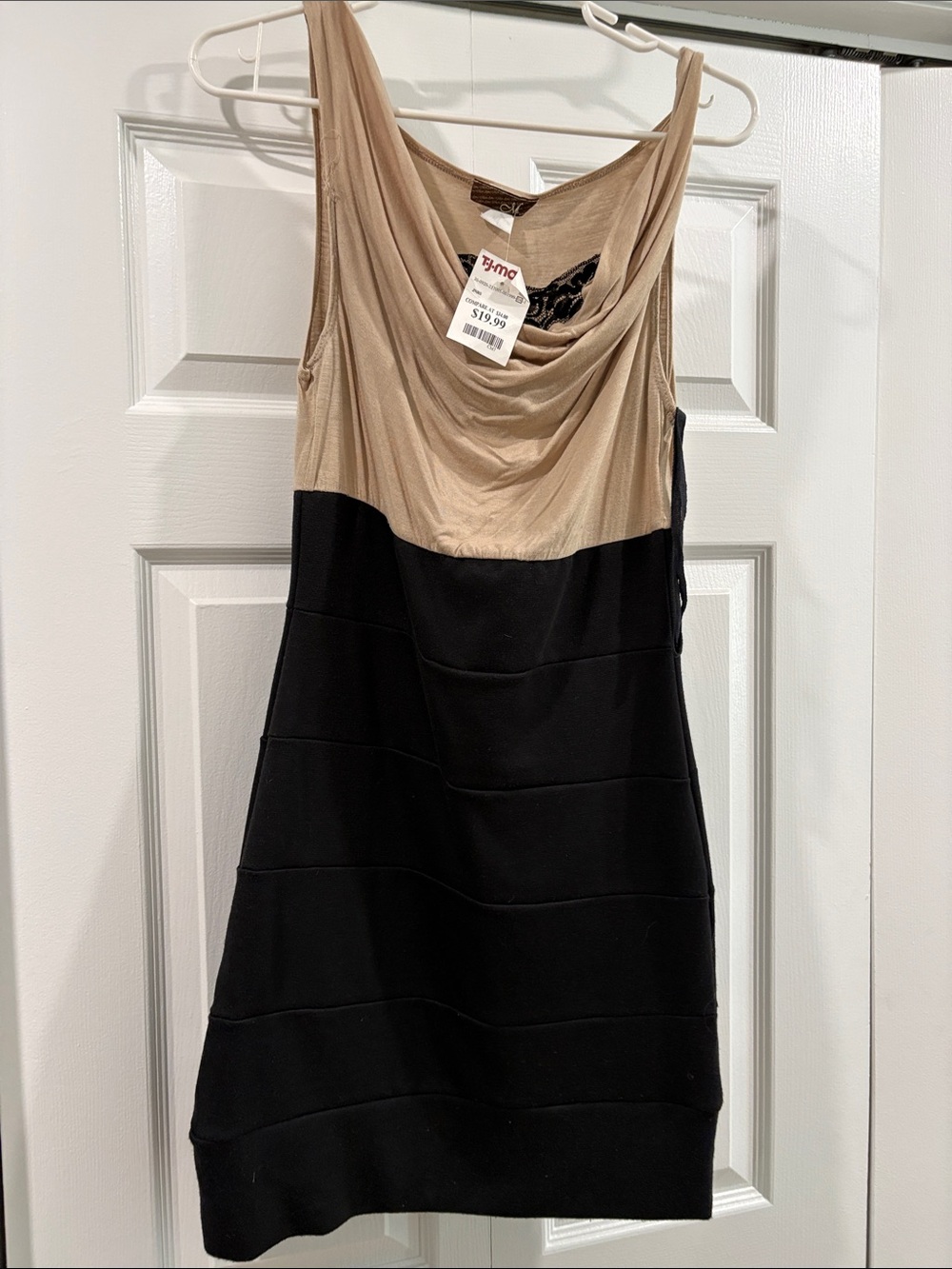 Sleeveless Cowl-Neck Mini Dress in Beige and Black